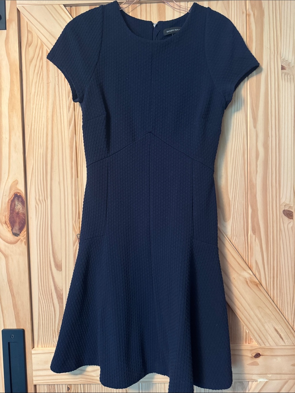 Banana Republic Navy Textured Fit-and-Flare Short Sleeve Dress